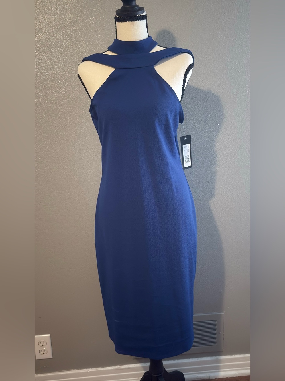 Bebe Size 10 Blue Choker Halter neckline with Shoulder Cutout Midi Dress NWT